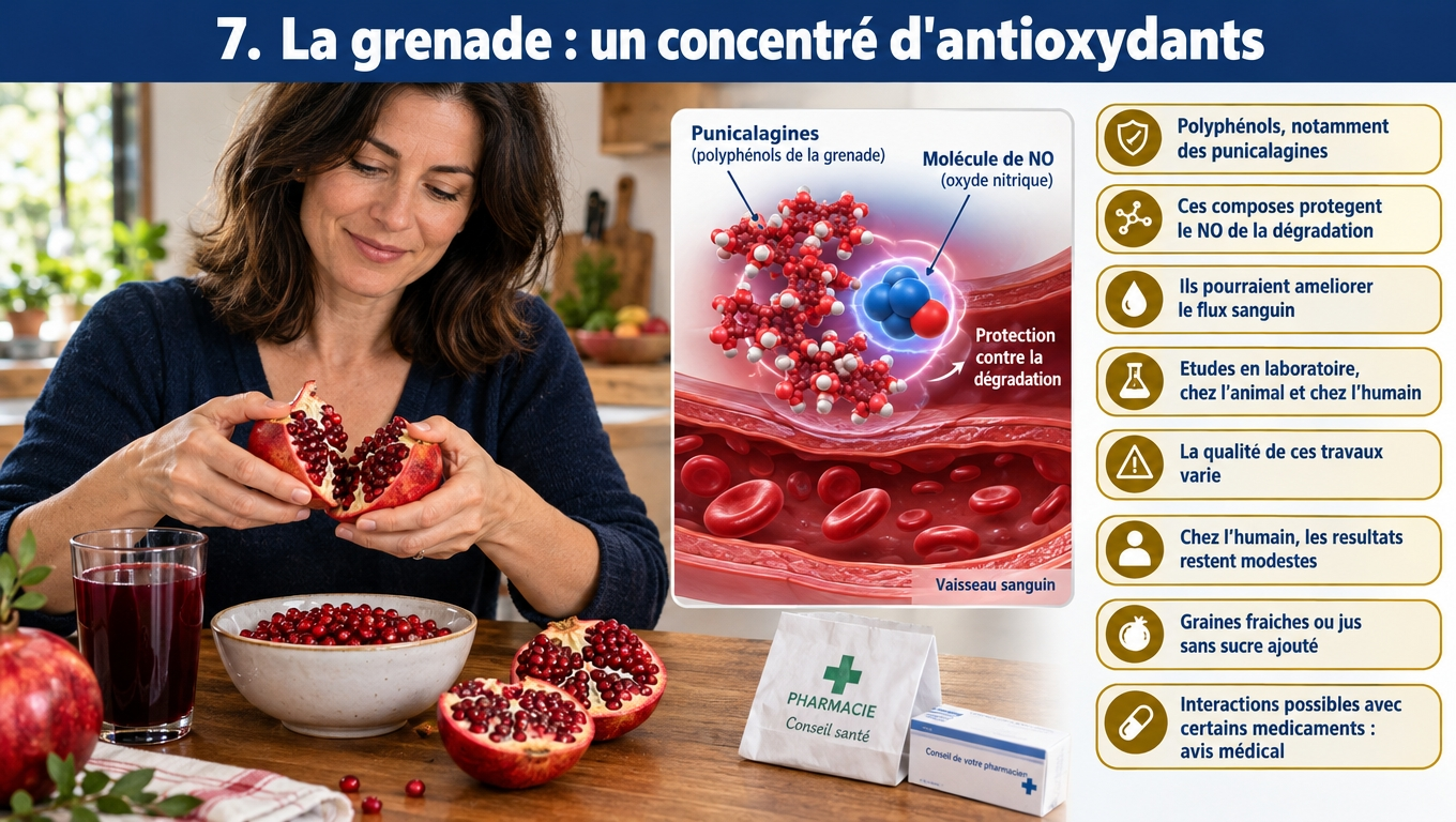 Grenade et NO : les punicalagines (polyphénols) protègent l'oxyde nitrique de la dégradation — bénéfice sur le flux sanguin évoqué, mais résultats humains modestes. Attention aux interactions médicamenteuses.