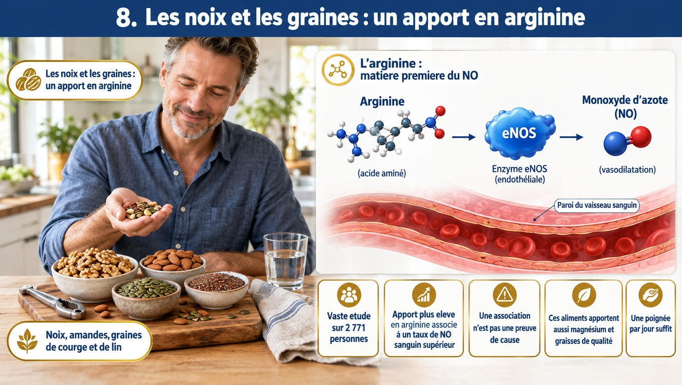 Noix, amandes et graines : apport en arginine, matière première d'oxyde nitrique. Étude sur 2 771 personnes (association, pas causalité) ; une poignée par jour suffit.