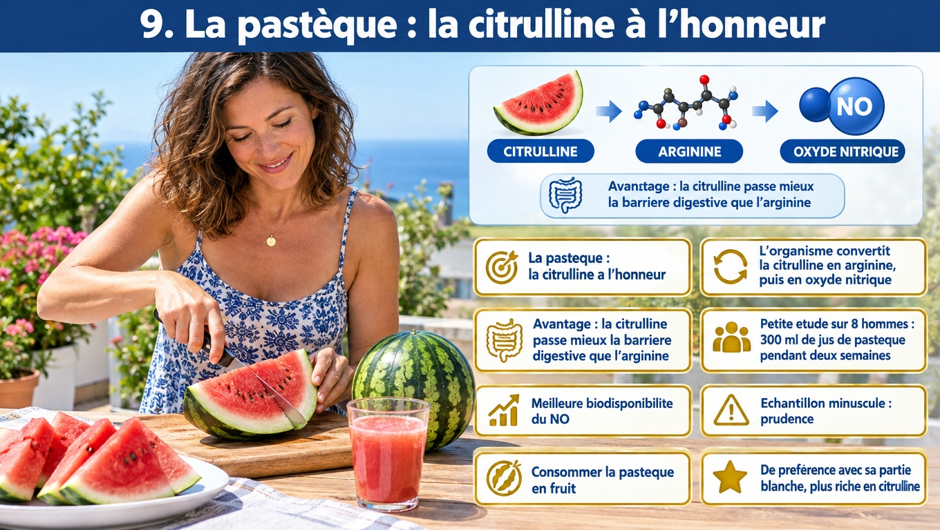 Pastèque et citrulline : convertie en arginine puis en NO, elle franchit mieux la barrière digestive. Étude sur 8 hommes (300 ml/2 semaines) — échantillon minuscule, prudence.