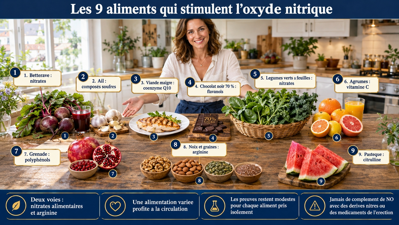 Les 9 aliments de l'oxyde nitrique sur une seule planche : betterave et légumes verts (nitrates), noix, graines et pastèque (arginine/citrulline), ail, chocolat noir, agrumes et grenade (protection du NO) — preuves modestes, bénéfice global d'une alimentation variée.