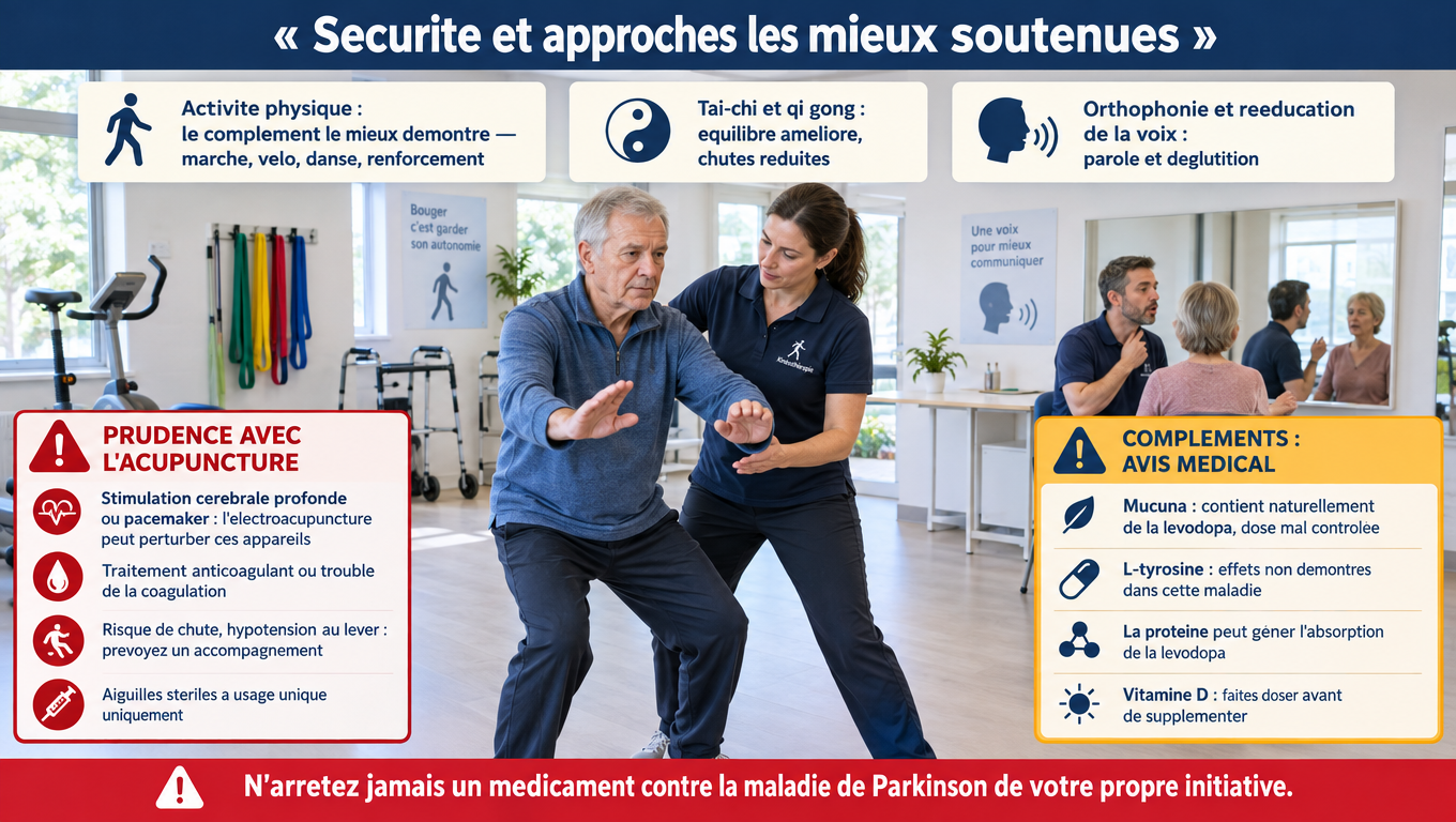 « Acupuncture et Parkinson : contre-indications (stimulation cérébrale profonde, anticoagulants, risque de chute), approches les mieux prouvées (exercice, tai-chi, orthophonie) et interactions à éviter. »