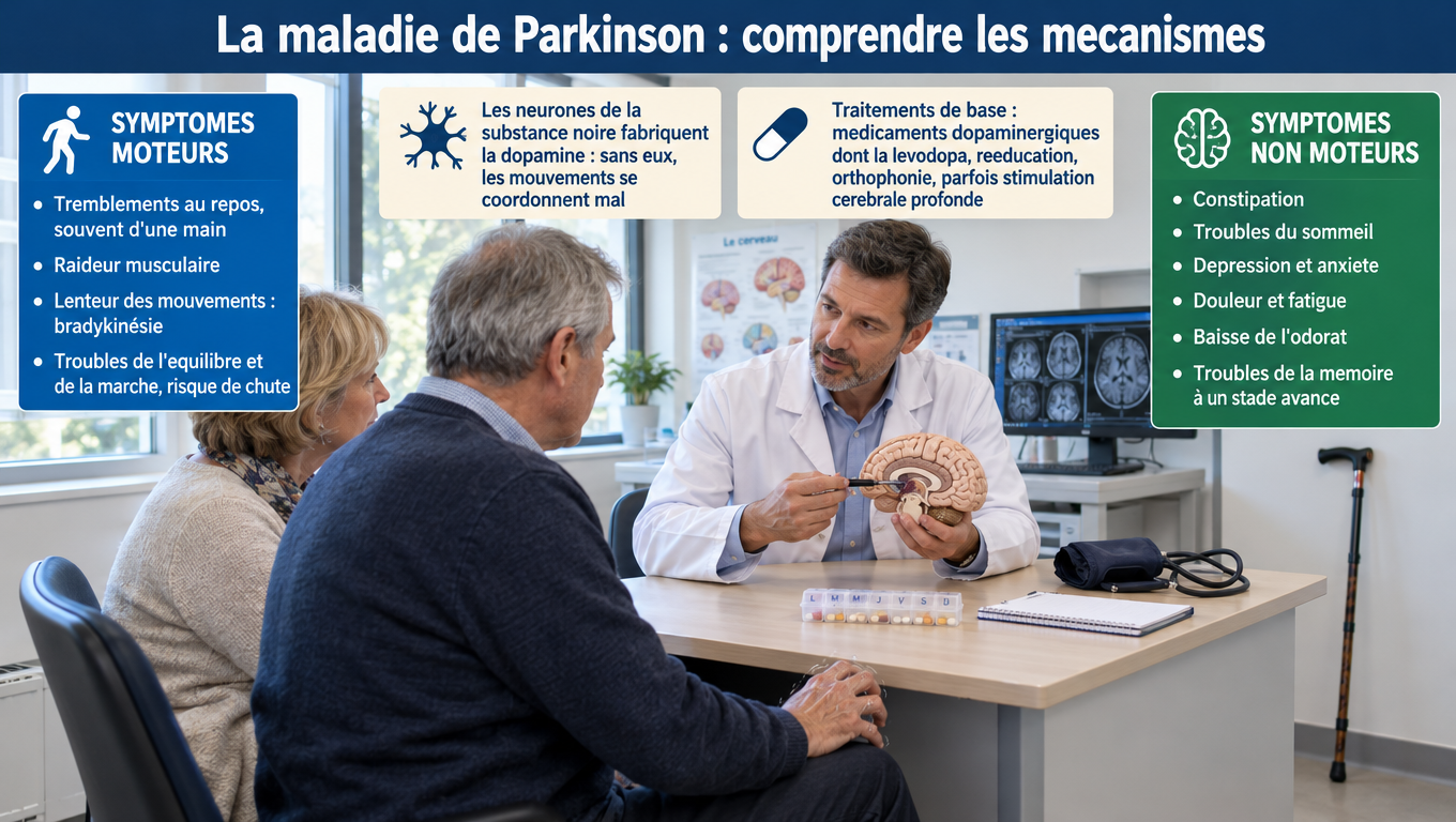 « Maladie de Parkinson : dégénérescence des neurones à dopamine de la substance noire, symptômes moteurs (tremblements, raideur, bradykinésie) et non moteurs (constipation, sommeil, anxiété). »