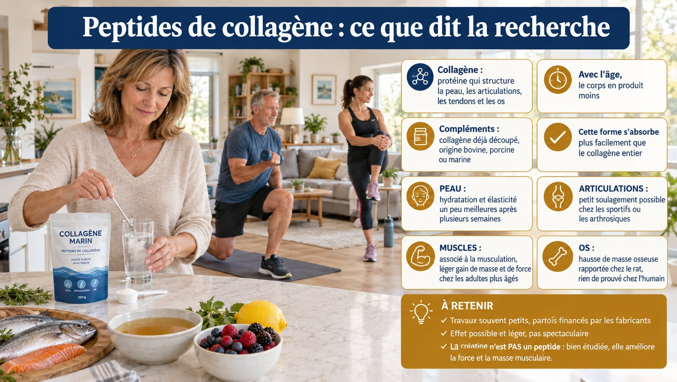 peptides de collagène, collagène marin, peptides bioactifs, peau élastique, douleurs articulaires, masse musculaire, masse osseuse, créatine, cicatrisation, poudre de collagène.