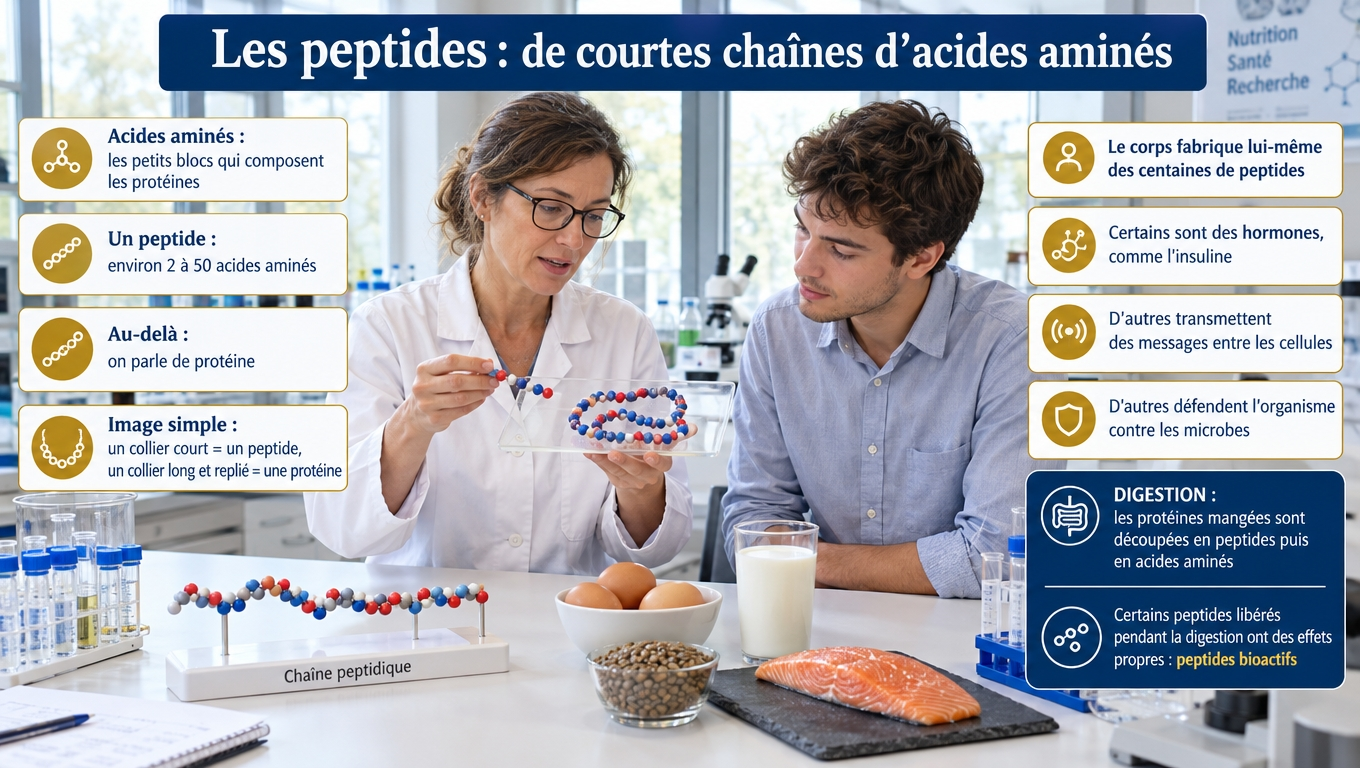 De 2 à 50 acides aminés : comprendre ce qu'est un peptide, pourquoi votre corps en fabrique des centaines et où en trouver naturellement dans l'alimentation.