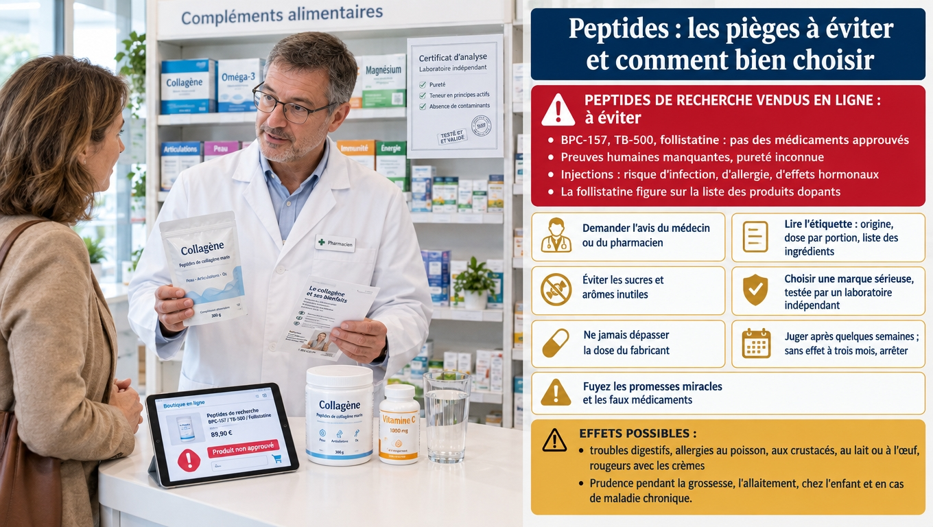 BPC-157, TB-500, follistatine : pourquoi ces peptides vendus en ligne sont à éviter — et les sept règles pour choisir un complément de collagène sérieux et adapté.