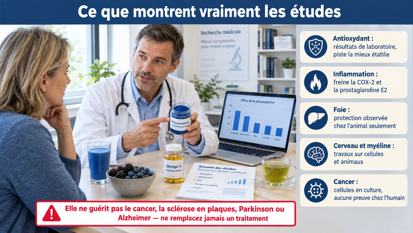 « Phycocyanine : antioxydant et anti-inflammatoire (COX-2, prostaglandine E2) prouvés en laboratoire seulement ; foie, globules rouges et cerveau uniquement chez l'animal. »