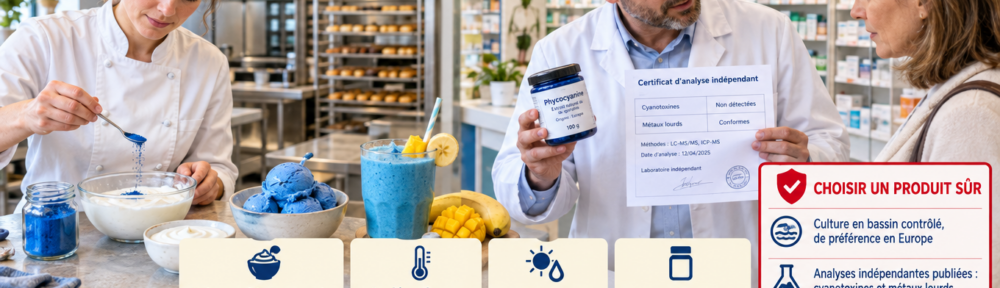 « Pâtissière ajoutant une pointe de poudre bleue de phycocyanine à un glaçage blanc dans une cuisine professionnelle, et pharmacien montrant à une cliente un bocal étiqueté et un certificat d'analyses indépendantes dans une officine ; yaourt nature, glace bleue maison et smoothie bleu banane-mangue sur le plan de travail. »