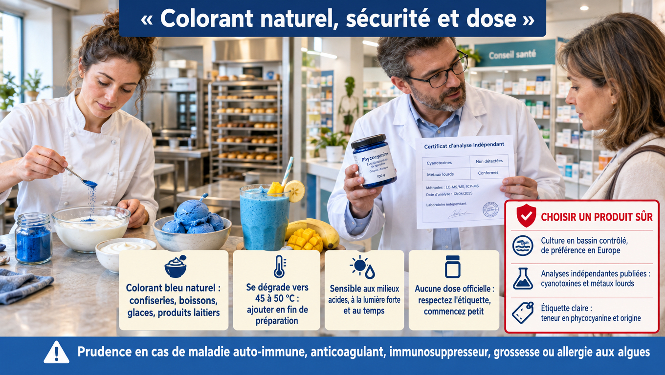 « Phycocyanine : colorant bleu naturel, dégradation dès 45 à 50 °C, critères de qualité (analyses indépendantes), effets indésirables et précautions, aucune dose officielle. »