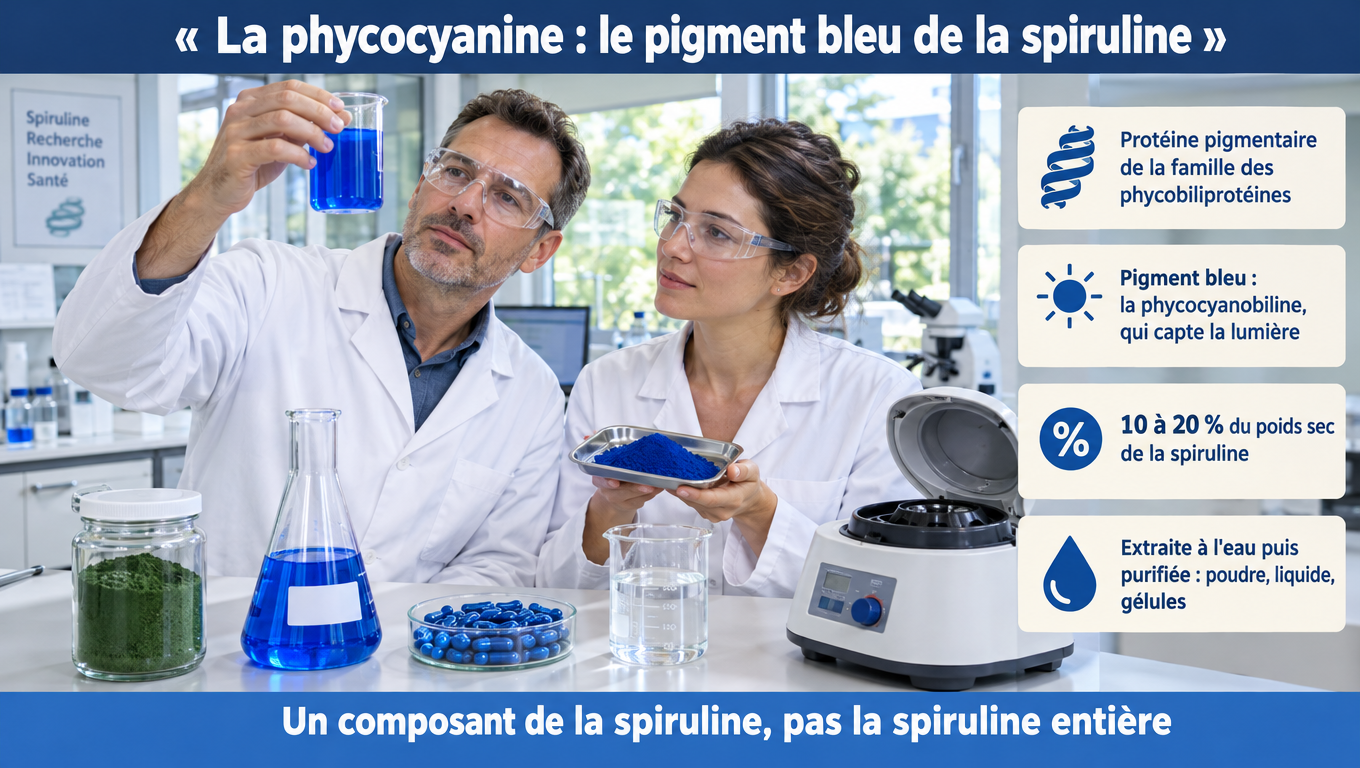 « Phycocyanine : protéine pigmentaire bleue de la spiruline (10 à 20 % du poids sec), extraite à l'eau, sensible à la chaleur dès 45 à 50 °C, aux acides et à la lumière. »