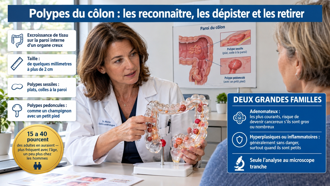 Polypes du côlon : excroissances fréquentes (15–40 % des adultes), sessiles ou pédonculées ; adénomateux (risque de cancérisation) vs hyperplasiques/inflammatoires (généralement bénins) — seule l'analyse tranche.