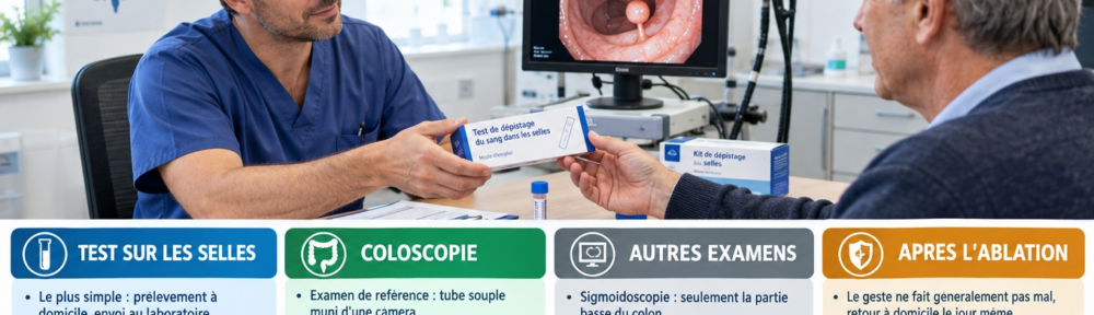 Infirmier français d'environ 40 ans en tenue médicale remettant un kit de test sur les selles à un homme d'environ 60 ans dans un cabinet médical français clair ; sur le bureau, écran de coloscopie montrant un côlon propre avec un petit polype pédonculé, coloscope flou derrière, tube de test et boîte de kit ; quatre panneaux colorés (bleu test, vert coloscopie, gris autres examens, ambre après l'ablation).
