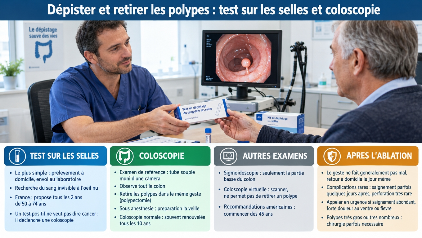 Test immunologique fécal (tous les 2 ans, 50–74 ans en France) puis coloscopie, seule capable de retirer les polypes (polypectomie) ; complications rares et surveillance adaptée après l'ablation.