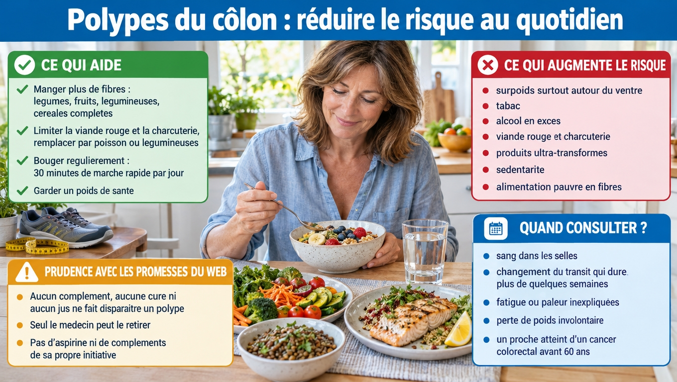 Fibres, moins de viande rouge et de charcuterie, 30 min de marche par jour, poids de santé, arrêt du tabac et dépistage : les leviers réels ; aucun complément ne fait disparaître un polype.