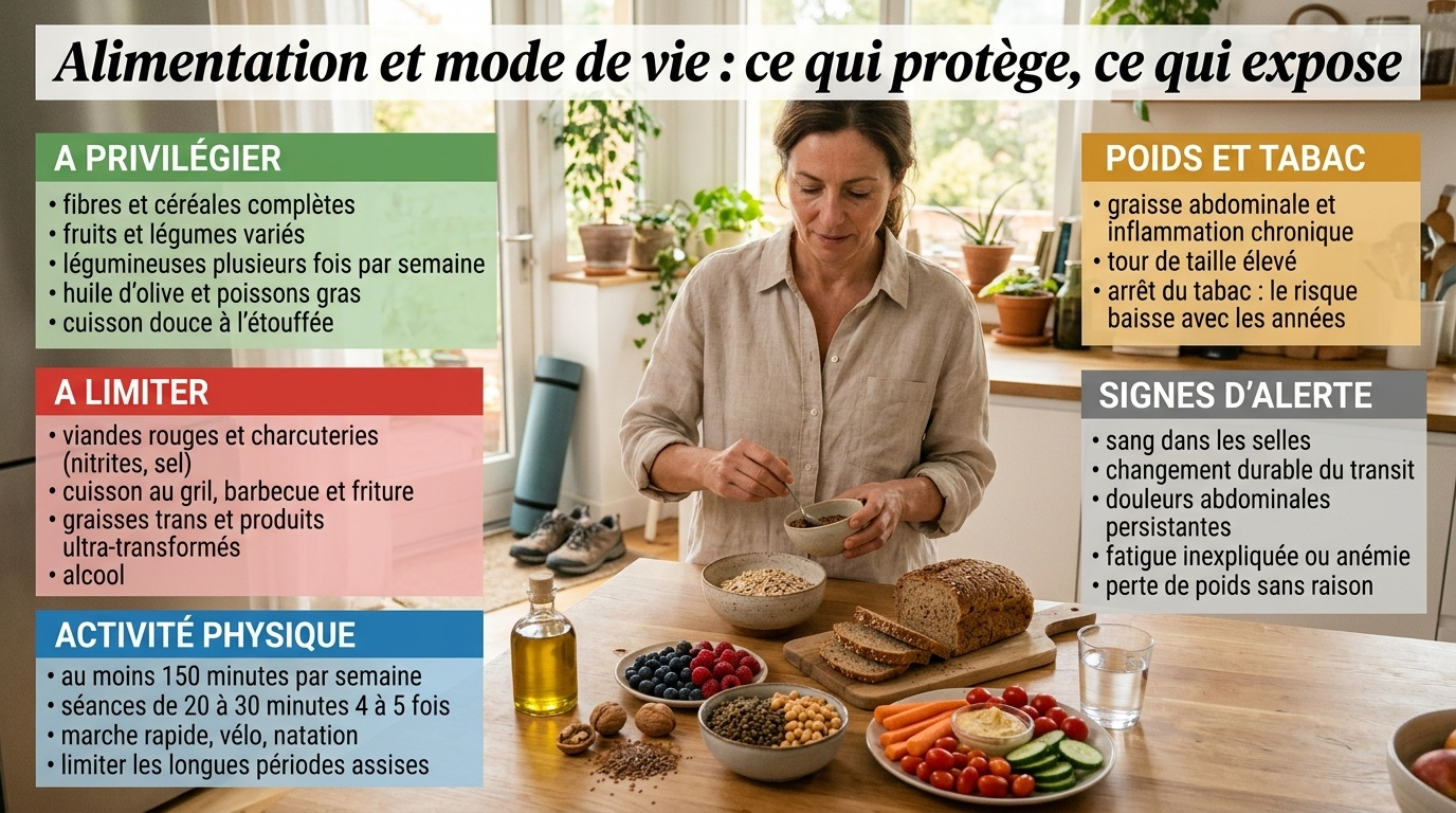 Fibres et céréales complètes, légumes variés, cuisson douce, 150 min d'activité/semaine, contrôle du tour de taille, arrêt du tabac ; compléments non substitutifs et signes d'alerte à consulter.