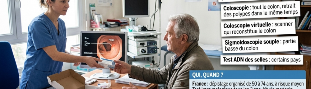 Infirmière française d'environ 40 ans remettant un kit de test immunologique fécal à un homme d'environ 60 ans dans un cabinet médical français clair ; sur le bureau, image de coloscopie sur un écran montrant un côlon propre avec un petit polype, tube de test de selles et boîte de kit de pharmacie ; cinq cartes listant les tests de dépistage et un panneau bleu « Qui, quand ? ».