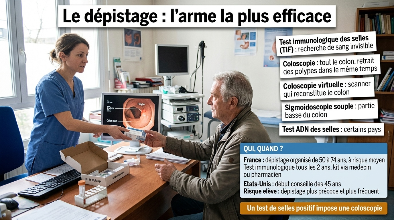 TIF tous les 2 ans (50–74 ans en France, dès 45 ans aux États-Unis), coloscopie seule capable de retirer les polypes ; dépistage renforcé en cas de risque élevé.