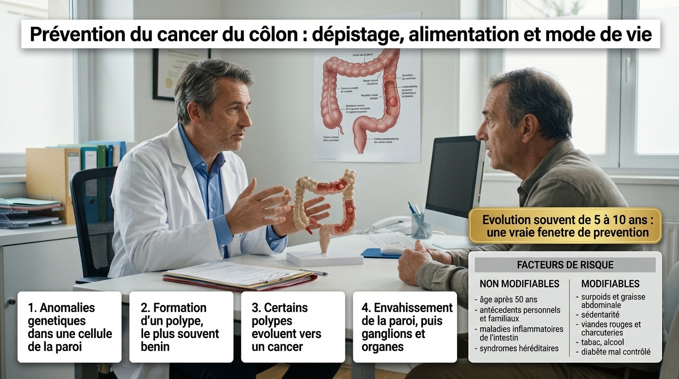 Cancer du côlon : progression polype → cancer sur 5 à 10 ans ; facteurs non modifiables (âge > 50 ans, antécédents, MICI, syndromes héréditaires) et modifiables (poids, sédentarité, viandes rouges, tabac, alcool, diabète).