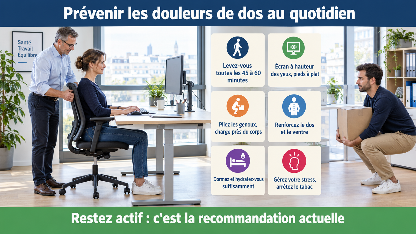 « Poste de travail, port de charge, gainage, sommeil, hydratation : les gestes concrets pour prévenir les douleurs de dos. »