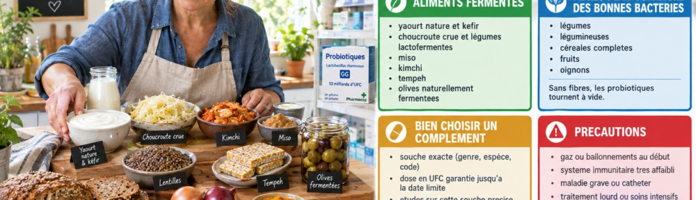 Femme d'environ 50 ans dans une cuisine lumineuse disposant des aliments fermentés sur une planche en bois : yaourt nature et kéfir, choucroute crue, kimchi, miso, tempeh et bocal d'olives naturellement fermentées, à côté de lentilles, pain complet, oignons et curcuma ; sur le côté, rayon de pharmacie avec une boîte de complément probiotique affichant un code de souche ; quatre panneaux colorés (vert aliments fermentés, bleu fibres, ambre bien choisir, rouge précautions) et bandeau gris « ce qui marche vraiment ».