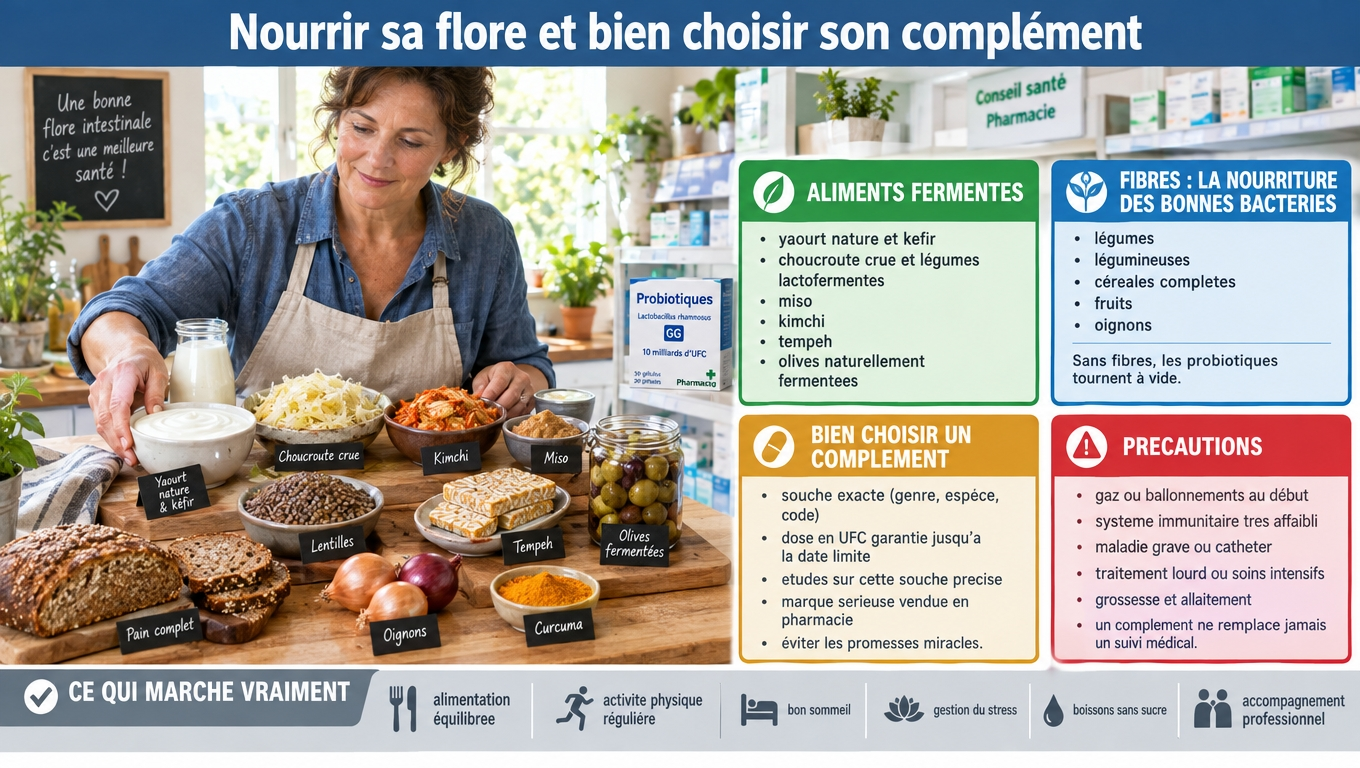 Fermentés (yaourt, kéfir, choucroute, kimchi, miso, tempeh, olives) et fibres pour nourrir la flore ; choisir une souche identifiée et une dose en UFC garantie ; précautions et bases réelles de la perte de poids.
