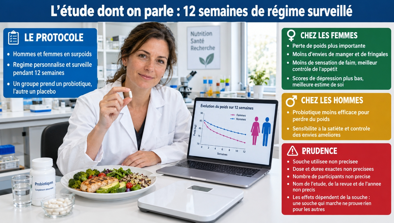 Étude de 12 semaines : chez les femmes, perte de poids et appétit améliorés ; chez les hommes, effet surtout sur la satiété ; souche, dose et effectifs non précisés, effet global modeste.