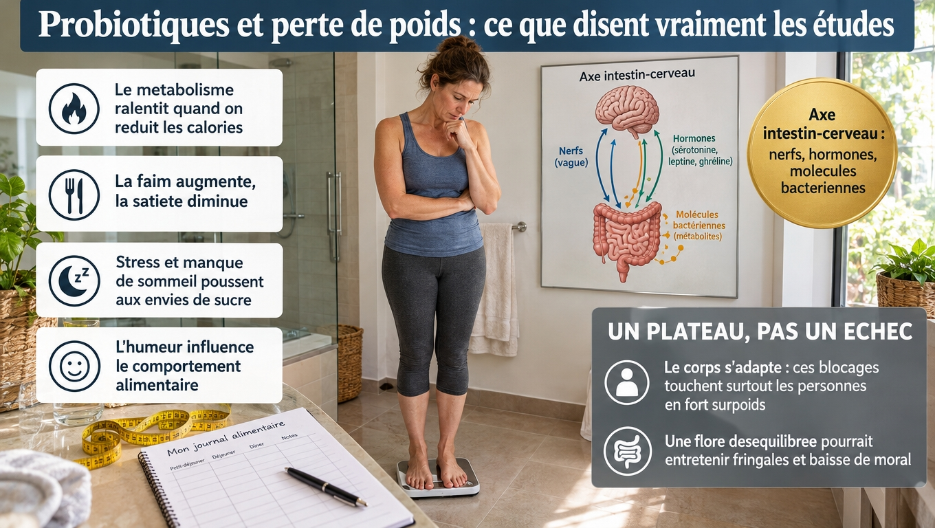 Le plateau de poids s'explique par l'adaptation du métabolisme, la faim, le stress et le sommeil ; l'axe intestin-cerveau suggère un rôle de la flore sur l'appétit et l'humeur.