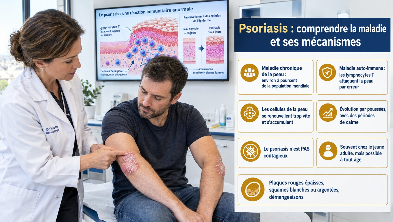 Maladie auto-immune chronique, ~2 % de la population mondiale, non contagieuse : comprendre les lymphocytes T, le renouvellement cutané accéléré et l'évolution par poussées.