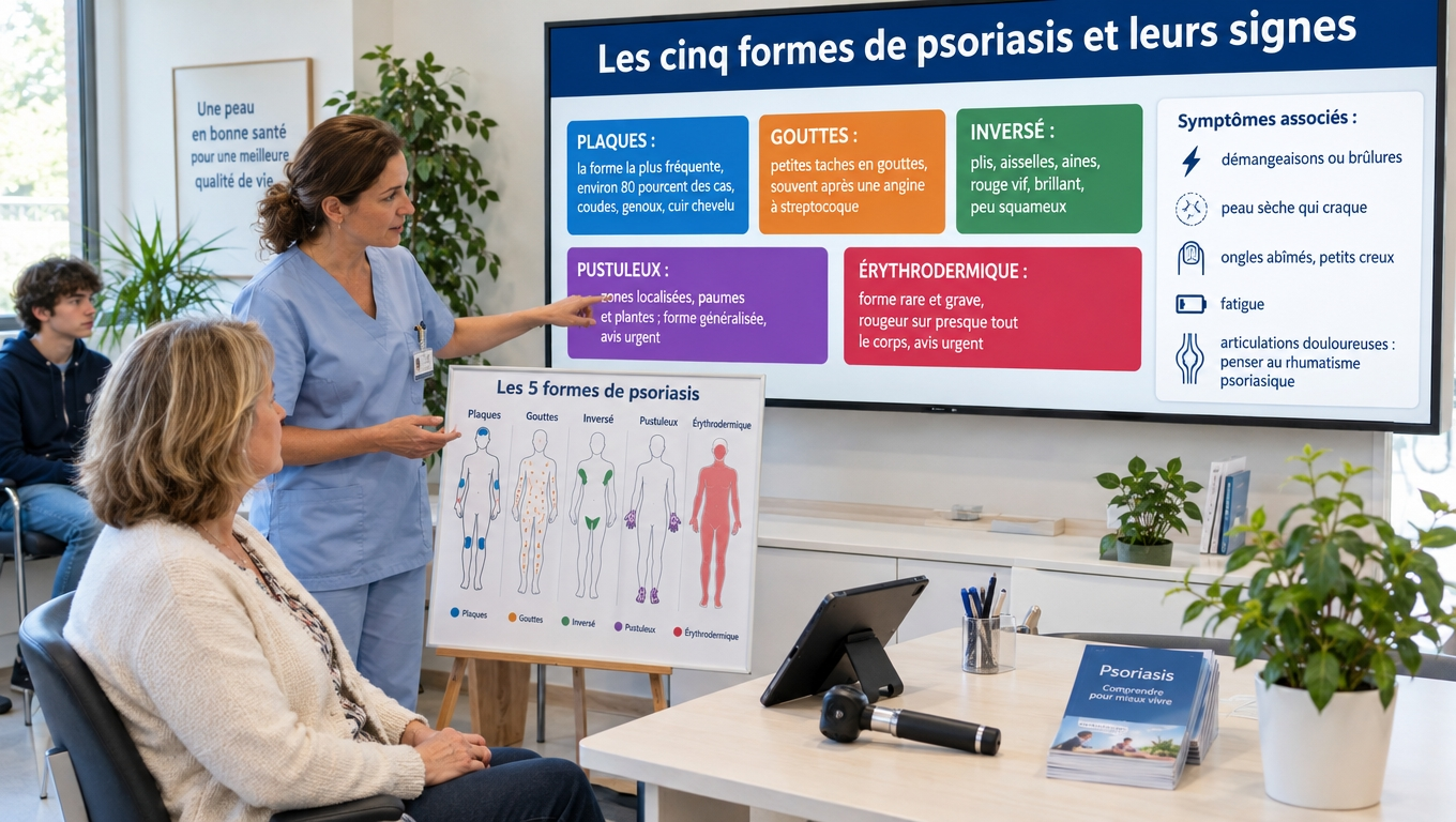  Plaques, gouttes, inversé, pustuleux, érythrodermique : reconnaître les cinq formes de psoriasis, leurs localisations et les signes qui imposent une consultation urgente.
