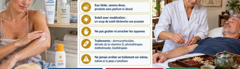 À gauche, une femme réelle d'environ 35 ans applique une crème émolliente riche sur son avant-bras dans une salle de bain lumineuse, avec un tube de produit hypoallergénique, un savon doux, un chapeau à larges bords et un écran solaire ; à droite, un acupuncteur réel d'environ 50 ans, dans un cabinet en France, pose de très fines aiguilles sur le bras d'un homme réel d'environ 60 ans allongé et détendu, avec un plateau de plantes chinoises séchées et une théière de thé vert ; encadrés français sur les gestes, les traitements, la médecine chinoise et les motifs de consultation.