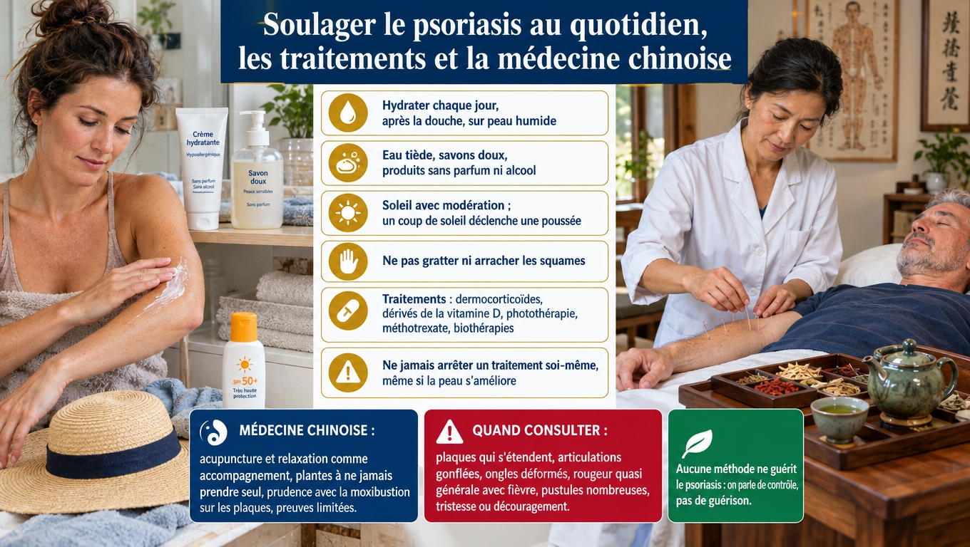  Émollients, soleil modéré, dermocorticoïdes, vitamine D, photothérapie, méthotrexate, biothérapies — et médecine chinoise en accompagnement seulement : contrôler le psoriasis sans jamais promettre de guérison.