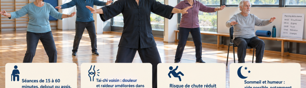 « Instructrice de qi gong démontrant une posture lente bras ouverts dans un gymnase français lumineux au parquet de bois, suivie par un groupe de quatre adultes de 65 à 78 ans en tenue souple, dont une personne assise sur une chaise ; tapis roulé, bouteille d'eau et planning de séances sur un banc ; infographie française sur les effets du qi gong et du tai-chi. »