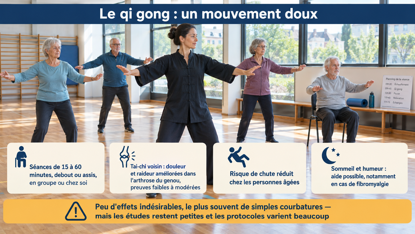 « Qi gong et tai-chi : arthrose du genou, réduction du risque de chute chez les personnes âgées, aide possible au sommeil et à l'humeur — peu d'effets indésirables. »