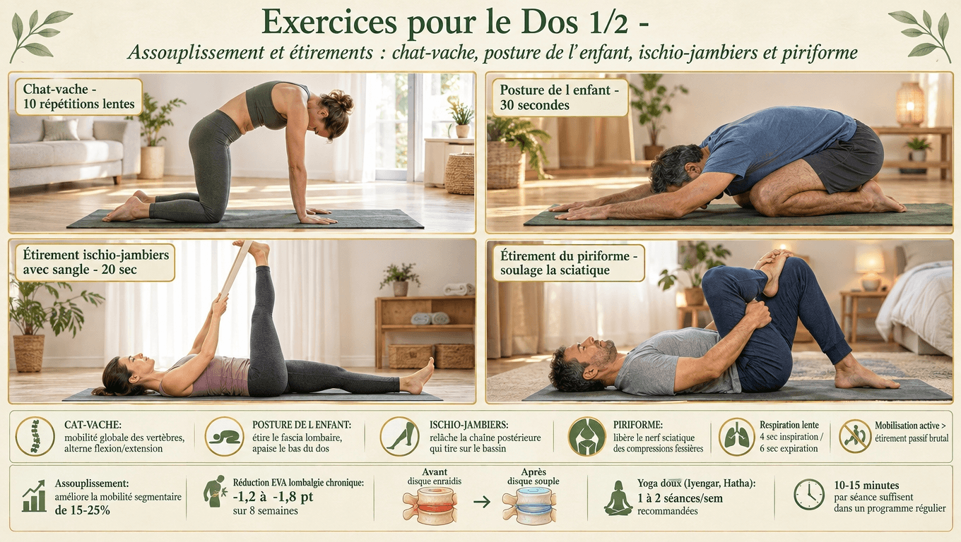 Chat‑vache, posture de l'enfant, ischio‑jambiers, piriforme : quatre étirements doux qui libèrent le bas du dos en 15 minutes.