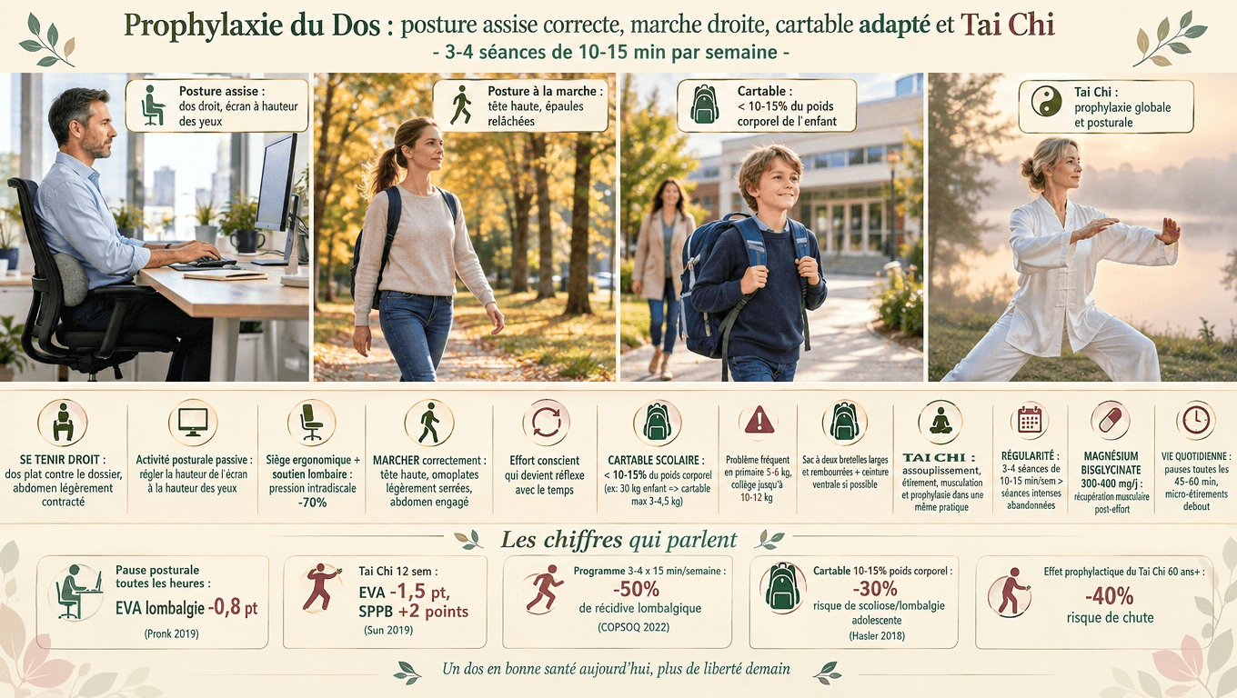 Posture, marche, cartable (<15 % poids corporel) et Tai Chi : la prophylaxie posturale quotidienne, 3–4 fois 10–15 min/sem.