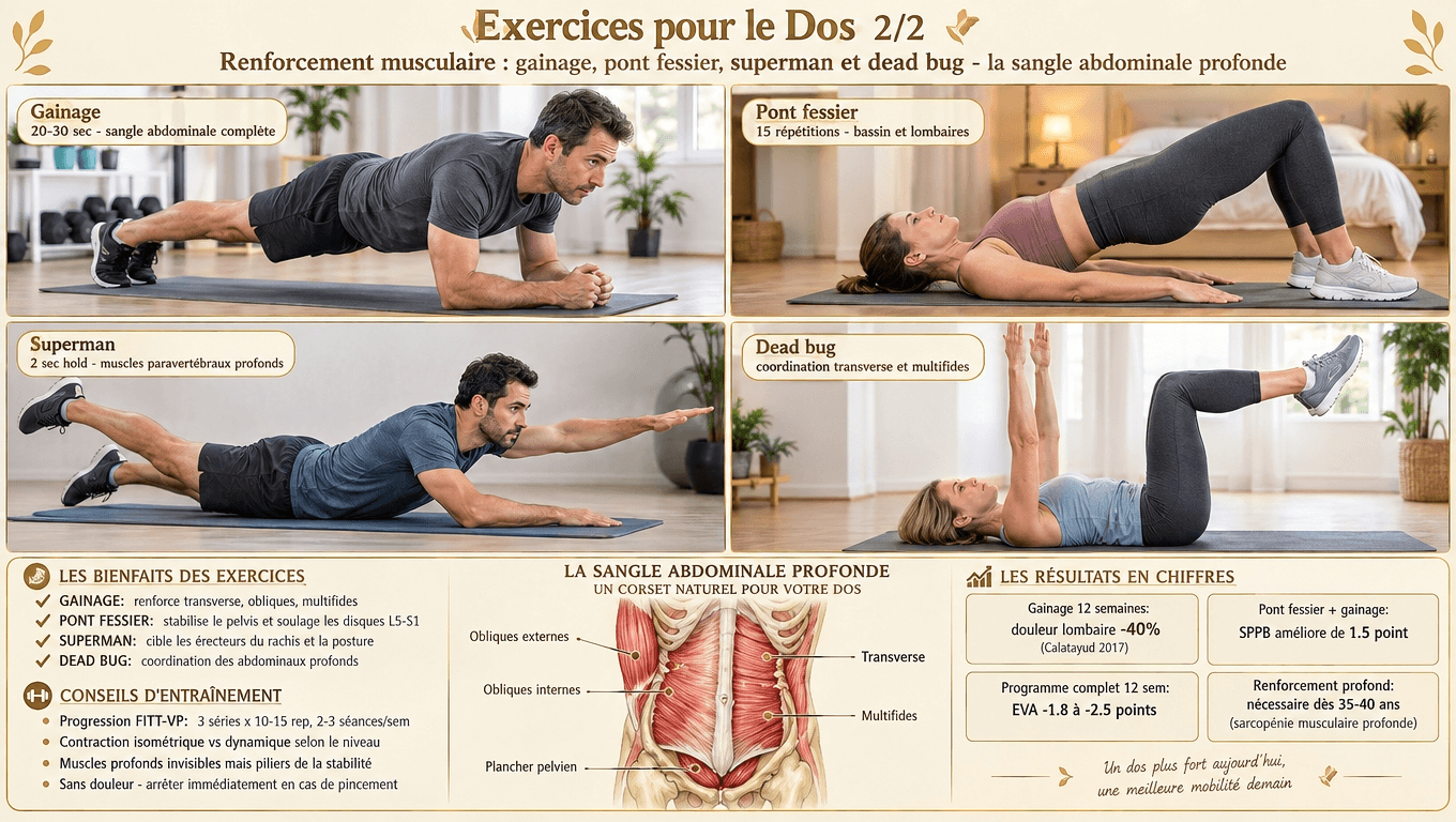Gainage, pont fessier, superman, dead bug : quatre exercices de la sangle abdominale profonde qui soulagent et protègent le dos