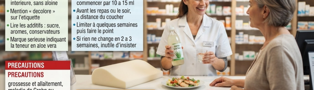 Pharmacienne française d'environ 42 ans en blouse blanche conseillant une patiente d'environ 58 ans derrière un comptoir, tenant une bouteille de jus d'aloe vera décoloré portant la mention « sans aloïne » et un petit verre ; sur le comptoir, illustration d'un lit surélevé par un coin, assiette de repas léger et panneau d'interdiction de fumer ; quatre panneaux colorés (vert bien choisir, bleu comment consommer, rouge précautions, ambre gestes qui comptent).