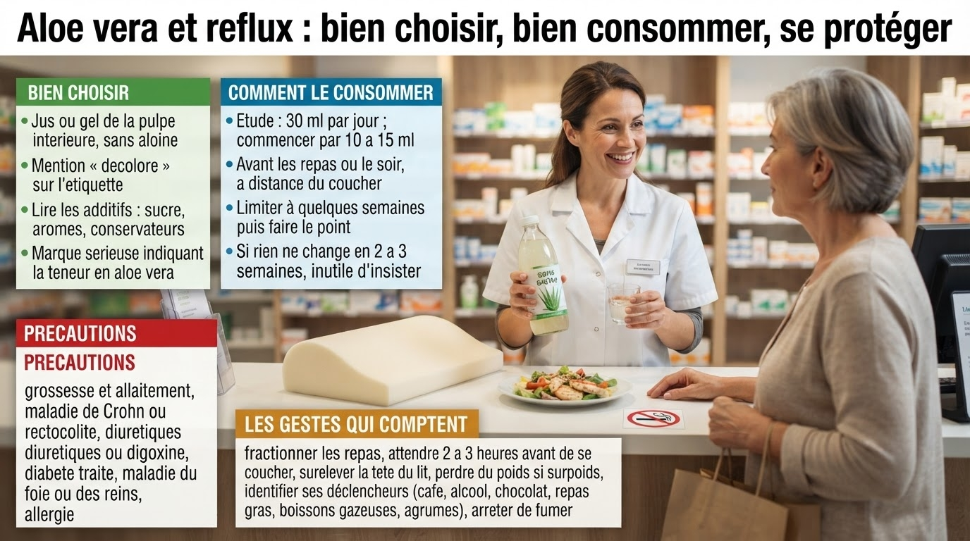 Choisir un jus décoloré sans aloïne, commencer à 10–15 ml puis 30 ml/j, limiter à quelques semaines ; précautions (grossesse, MICI, diurétiques, digoxine, diabète, foie, reins) et gestes d'hygiène de vie.