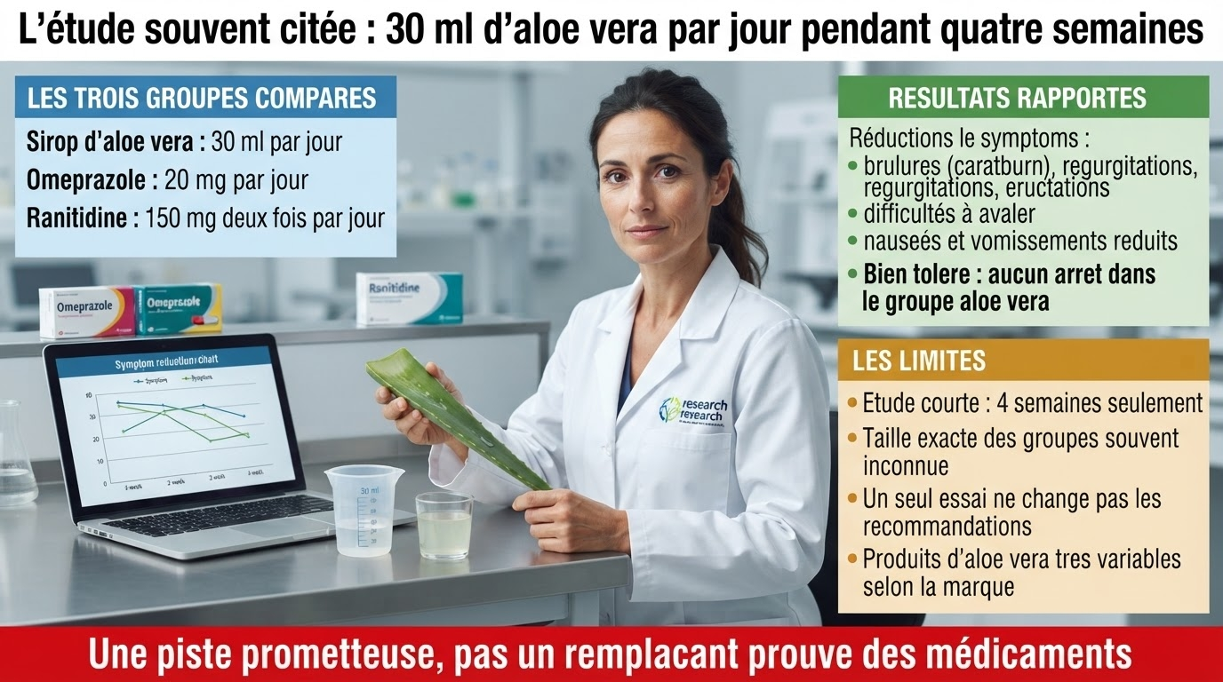 Étude de 4 semaines : aloe vera 30 ml/j comparé à l'oméprazole 20 mg et à la ranitidine 150 mg ×2 — symptômes réduits et bonne tolérance, mais preuves limitées, un seul essai ne suffit pas.