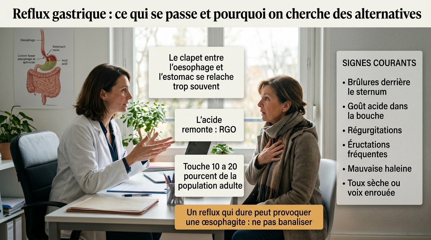 le sphincter œsophagien se relâche, l'acide remonte — brûlures, régurgitations, éructations ; touche 10 à 20 % des adultes et peut évoluer vers une œsophagite.