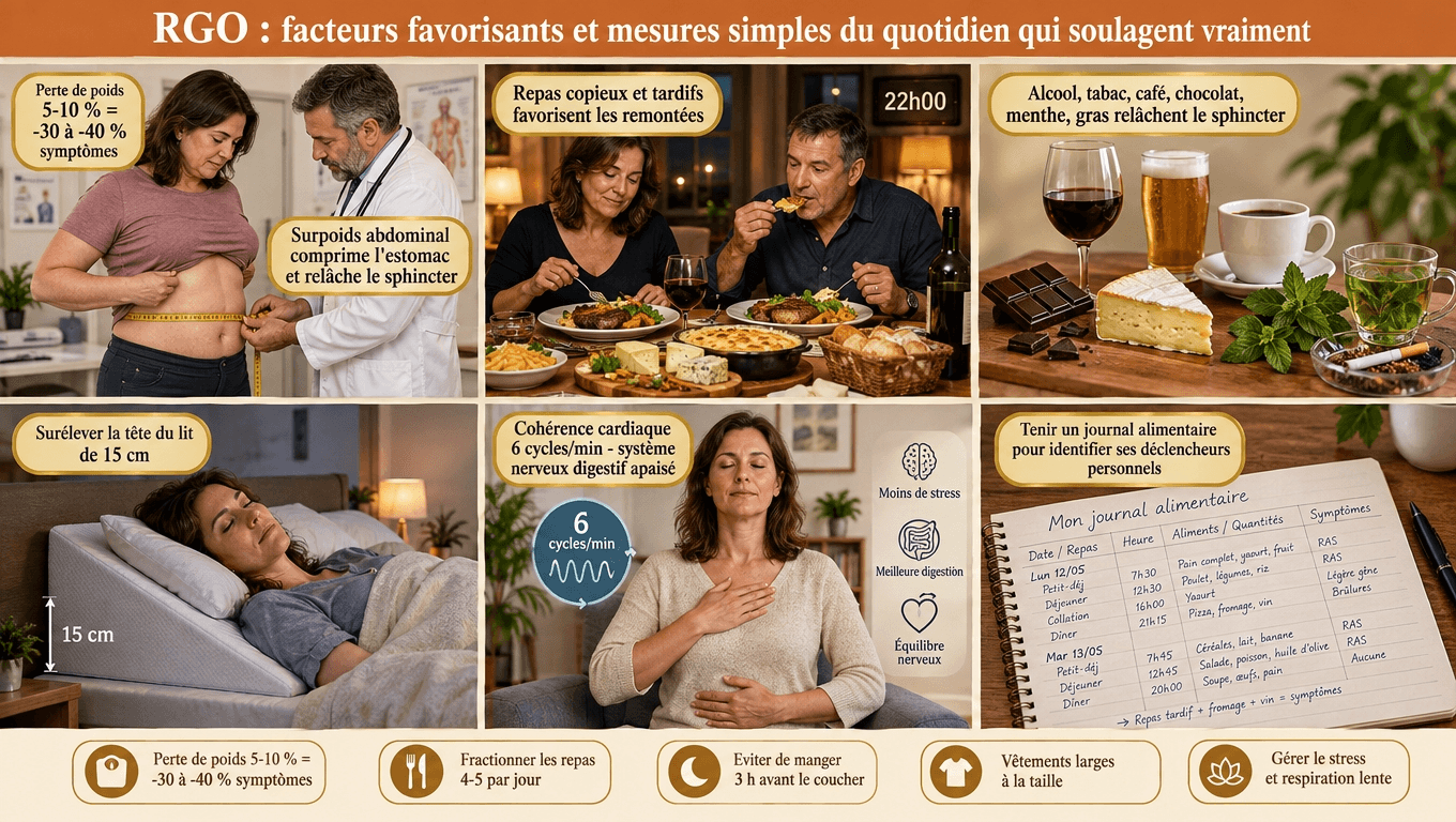 « RGO : mesures hygiéno-diététiques en 1ʳᵉ intention — perte de poids 5-10 % (-30-40 % symptômes), surélévation tête de lit 15 cm (-40-50 % reflux nocturnes), fractionnement repas, dîner 3 h avant coucher, alimentation individualisée (Lyon Consensus 2024). »