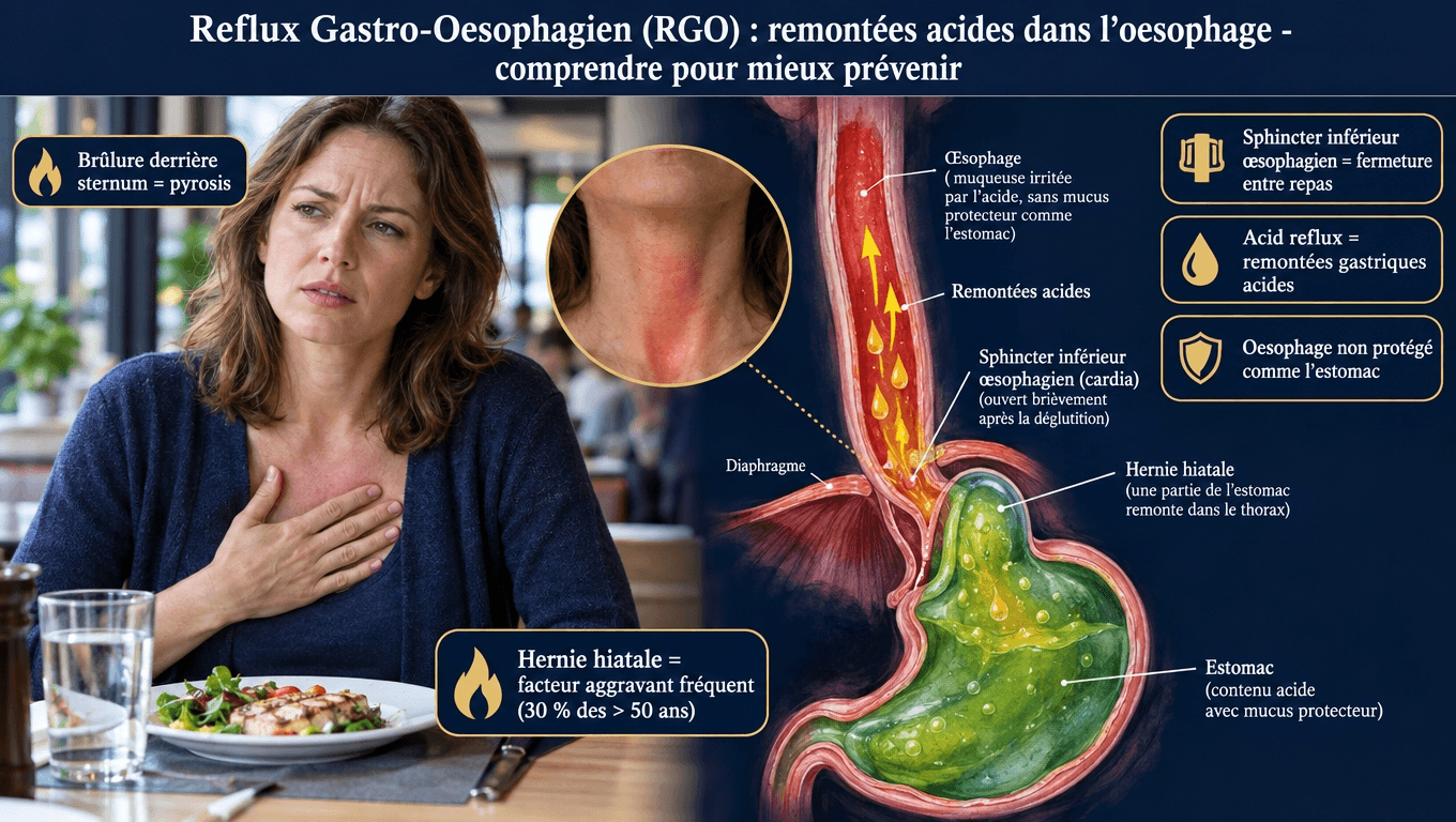 « RGO = remontées acides par relâchement du sphincter inférieur de l'œsophage (cardia-sphincter). Pénétration acide dans un œsophage non protégé. Pyrosis derrière le sternum. Hernie hiatale = facteur aggravant chez 30-50 % des > 50 ans. »