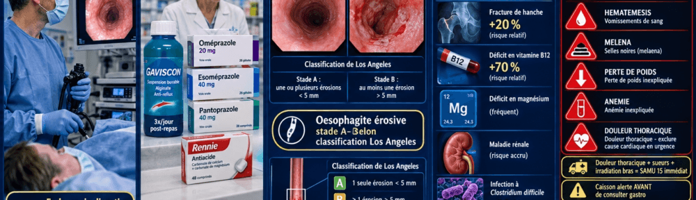 Composition éditoriale d'alerte en cinq volets sur fond bleu nuit profond. Volet gauche : gastro-entérologue français de 45 ans pratiquant une endoscopie digestive haute (FOGD) avec le patient sous sédation légère, badge « Endoscopie digestive haute (FOGD) — visualise œsophage, estomac, duodénum — biopsies si besoin ». Volet centre-gauche : présentation de médicaments avec pharmacien de 50 ans — flacons d'alginate (Gaviscon® suspension, 3 ×/jour après les repas), boîtes d'IPP : oméprazole 20 mg, ésoméprazole 40 mg, pantoprazole 20 mg, boîte d'antiacide — badge « IPP = traitement de référence du RGO érosif — 4 à 8 semaines ». Volet central : visuels endoscopiques comparés : œsophage sain vs œsophagite érosive grade B selon la classification de Los Angeles (≥ 1 érosion longitudinale ≤ 5 mm) — badge « Œsophagite érosive stade A à D (Los Angeles) ». Volet centre-droit : effets au long cours des IPP : badge « Effets au long cours : B12 -70 % d'absorption, Mg -30 %, fer, calcium ; +20 % fracture hanche ; +50-70 % infection à Clostridium difficile ; néphrite interstitielle ; hypergastrinémie » — Lazarus 2016 Gastroenterology, FDA Safety Communication 2017. Volet droit : sextuor de signaux d'alerte en triangles rouges : (1) DYSPHAGIE (icône fourchette-couteau) « Difficulté à avaler — sténose suspectée » ; (2) HÉMATÉMÈSE (icône goutte rouge) « Vomissements de sang » ; (3) MÉLÉNA (icône selles noires) « Selles noires (melaena) » ; (4) PERTE DE POIDS (icône flèche descendante) « Perte de poids inexpliquée » ; (5) ANÉMIE (icône prise de sang) « Anémie inexpliquée » ; (6) DOULEUR THORACIQUE (icône cœur) « Douleur thoracique — exclure cause cardiaque en urgence ». Badges dorés : « Douleur thoracique + sueurs + irradiation bras = SAMU 15 immédiat », « Endobrachyœsophage = surveillance biopsies Barrett », « Cancer œsophage sur RGO chronique ≈ 0,5-1 % », « Suivi médical indispensable si IPP au long cours ».