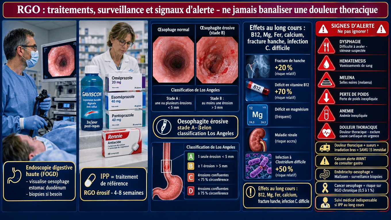 « IPP (oméprazole 20 mg, ésoméprazole 40 mg) classe de référence du RGO érosif 4-8 semaines. Long cours : déficit B12, Mg, fer, fracture hanche +20 %, infection C. difficile +50-70 %. FOGD si alarme ou échec. Douleur thoracique → SAMU 15. »