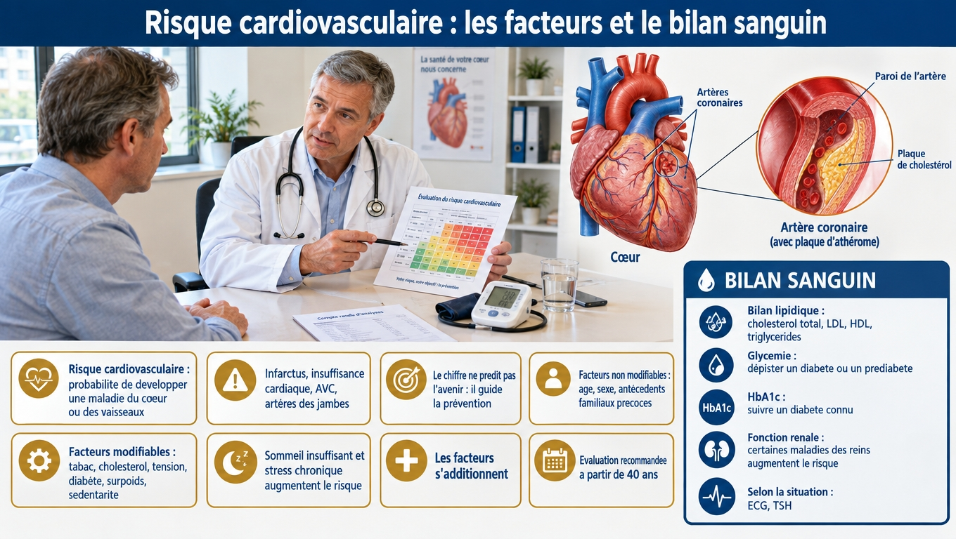 Risque cardiovasculaire : facteurs non modifiables (âge, sexe, antécédents) et modifiables (tabac, cholestérol, tension, diabète, surpoids, sédentarité) — bilan lipidique, glycémie et fonction rénale dès 40 ans.