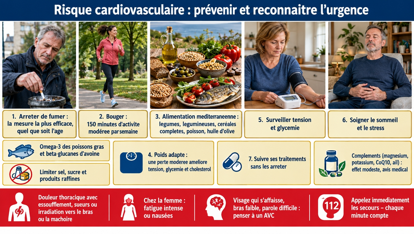 Prévention cardiovasculaire : arrêt du tabac, 150 min d'activité/semaine, régime méditerranéen, poids, tension, sommeil, traitements suivis. Douleur thoracique ou signes d'AVC = secours immédiats.