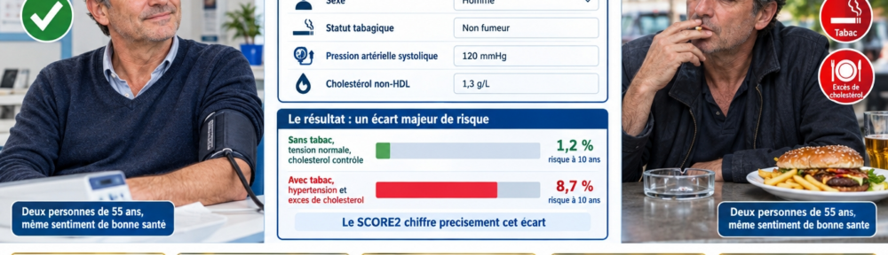 Composition en deux moitiés : à gauche un homme de 55 ans non fumeur avec brassard de tension normal et icône verte ; à droite un second homme de 55 ans fumant dehors, l'air fatigué, avec icônes d'hypertension ; au centre, formulaire SCORE2 légendé en français et deux barres de risque, une courte verte et une longue rouge.