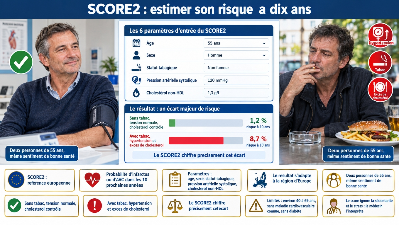 SCORE2 (référence européenne) : probabilité d'infarctus ou d'AVC à 10 ans à partir de l'âge, du sexe, du tabac, de la pression systolique et du cholestérol non‑HDL — hors diabète et maladie connue.