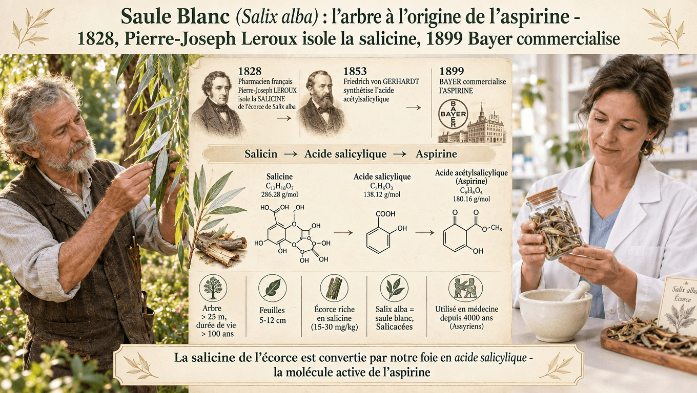 De l'écorce de saule blanc à l'aspirine : 1828 Leroux isole la salicine, 1853 Gerhardt la synthétise, 1899 Bayer la commercialise — la pharmacopée traditionnelle a donné naissance au médicament moderne.