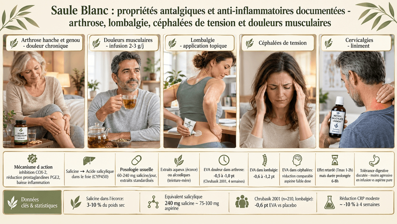 EVA douleur réduit de 0,5 à 1,2 pt en arthrose, lombalgie, céphalées de tension et douleurs musculaires ; équivalence salicylée ≈ 75–100 mg aspirine par jour.