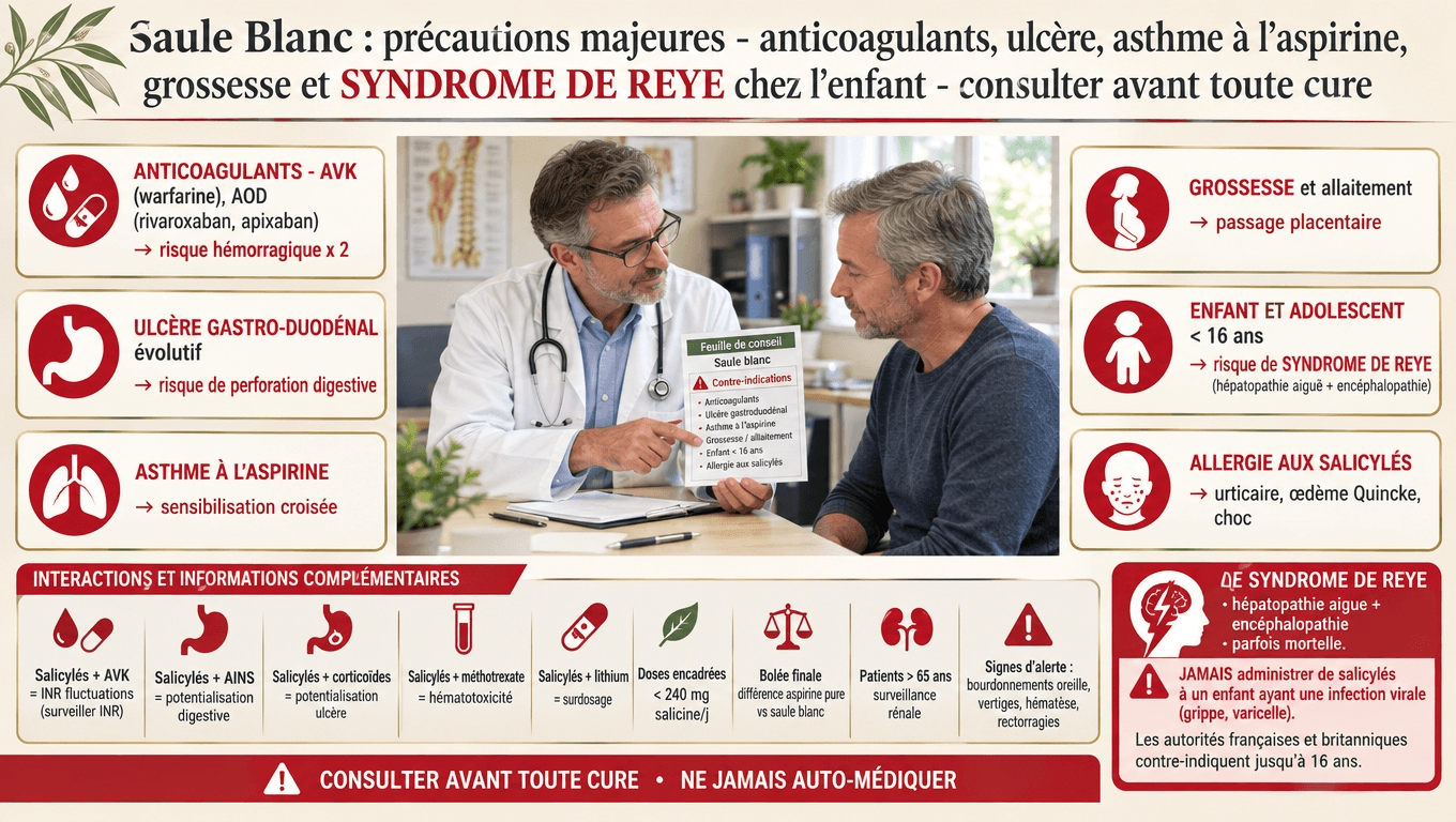 AVK/AOD, ulcère, asthme à l'aspirine, grossesse, enfants/adolescents : SYNDROME DE REYE ; 240 mg salicine = 75–100 mg aspirine — même rigueur qu'un médicament.